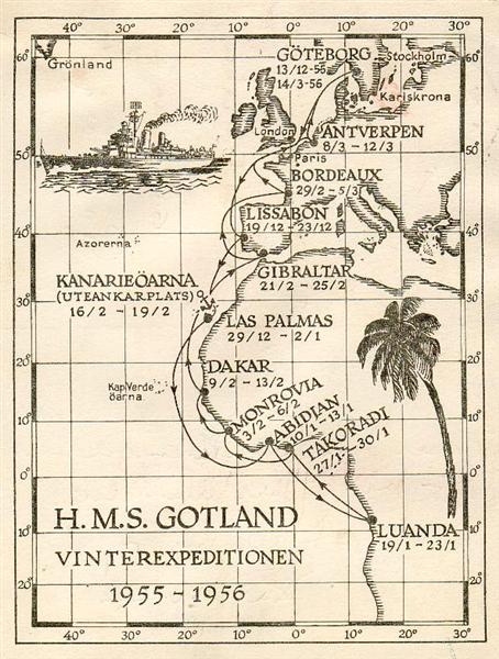 Karta ver HMS Gotlands lngresa 1955-56. Klicka p den fr att frstora!